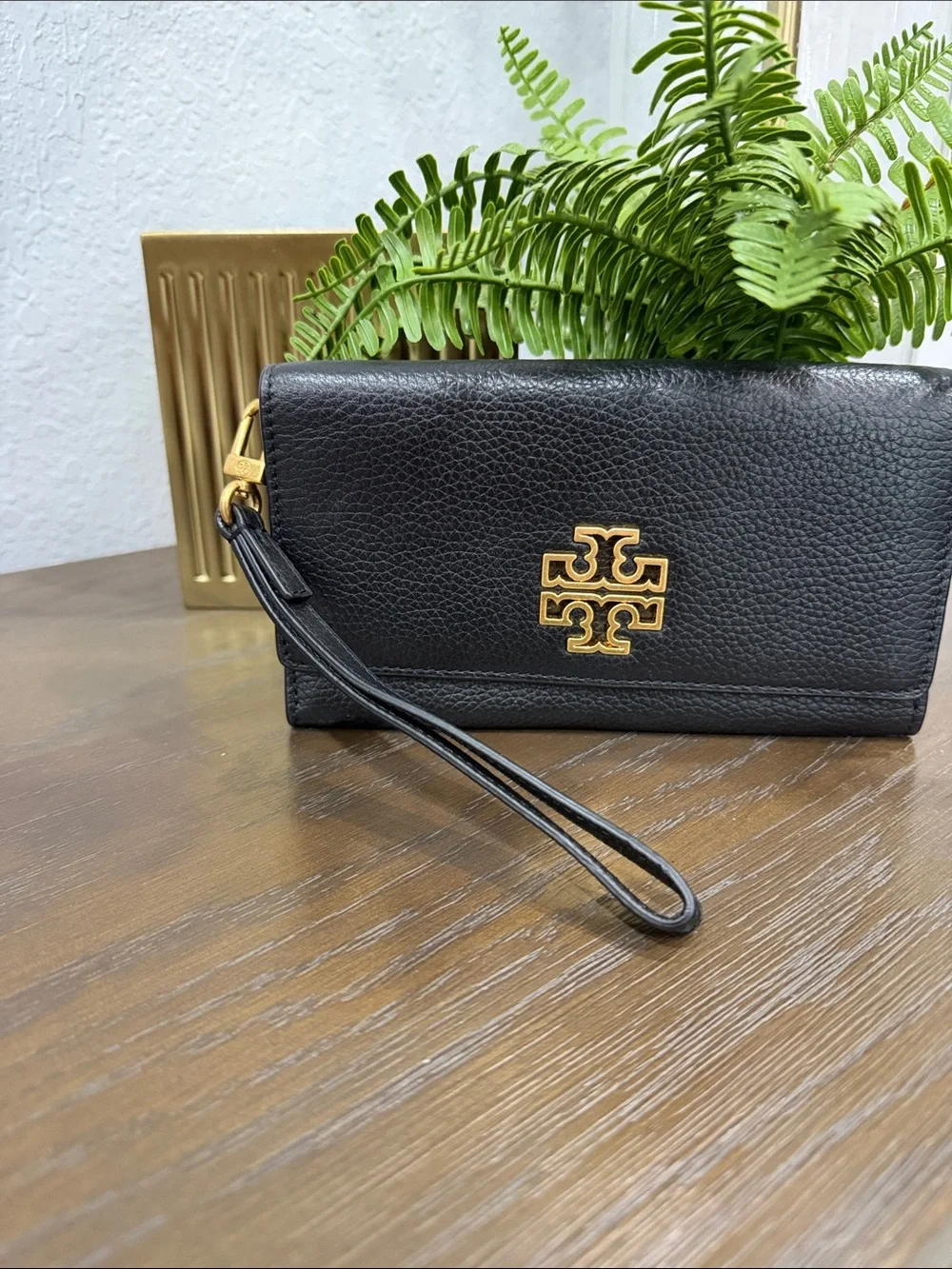 Tory Burch Black Leather Wristlet with Gold Logo Emblem